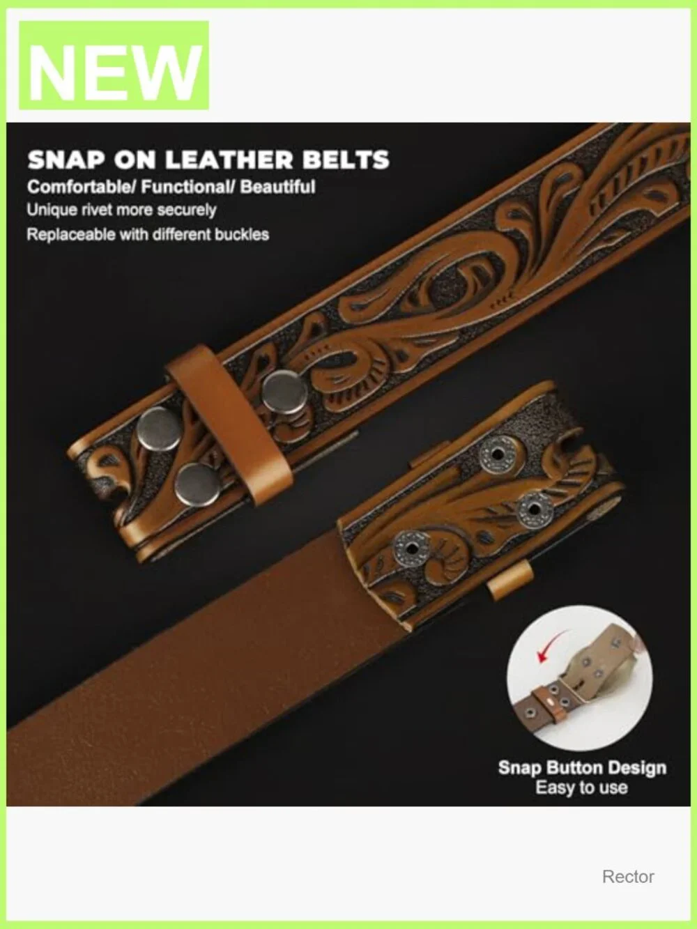 Western Leather Belt Strap with Embossed Carving, Fits 1.5